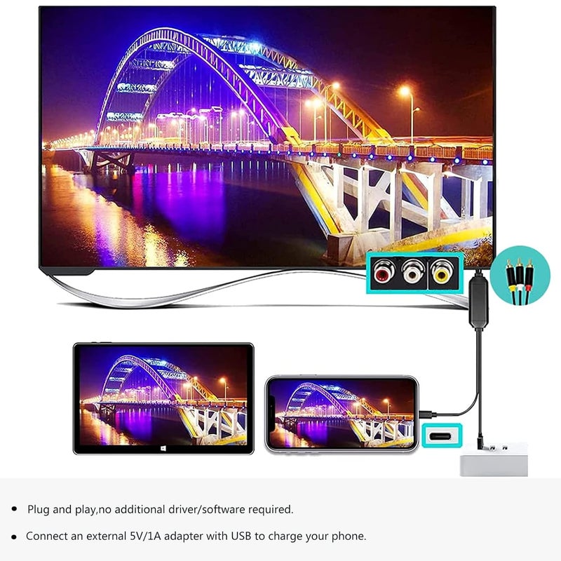 ECDREAM USB C to RCA Cable Adapter, 6Ft Type-C to RCA Wired Screen Mirroring with USB A(Charging),USB C Male to 3 RCA Male,Suitable for TV, Monitor, Speaker - Image 4